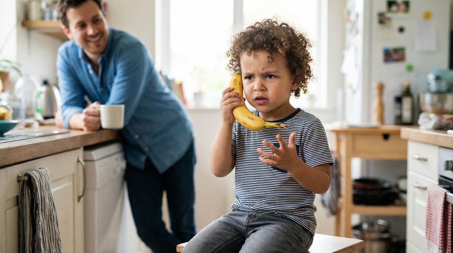 Three year old holding banana to ear like telephone chatting animatedly with serious expression