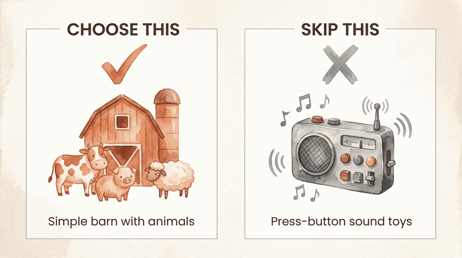 Comparison showing simple barn with animal figures to choose versus electronic press button sound toy to skip