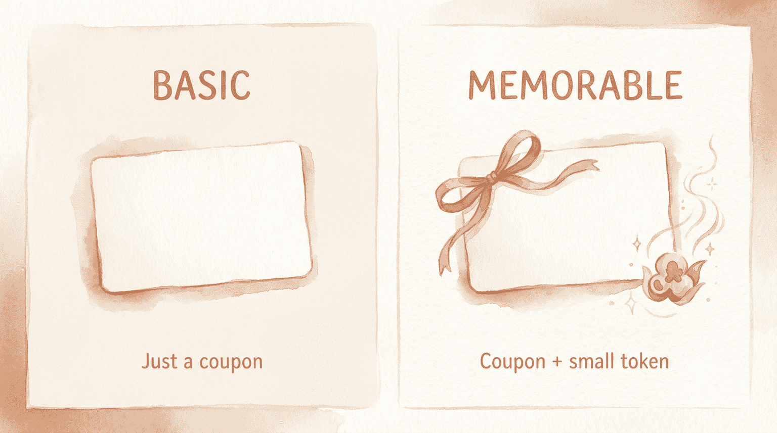Comparison showing basic coupon versus memorable coupon with small token attached