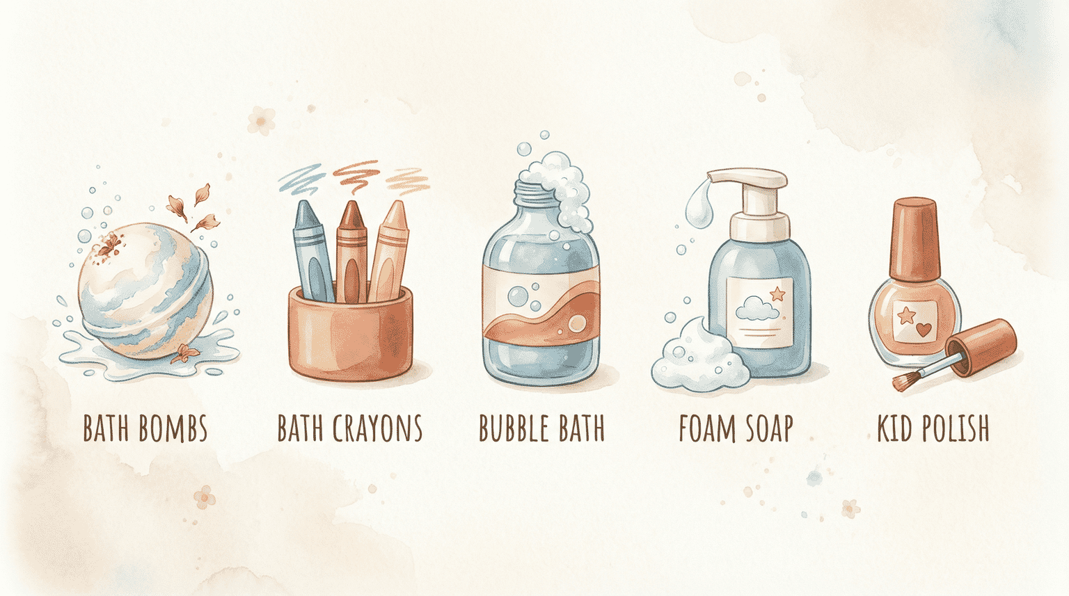 Illustrated icons showing bath bombs, bath crayons, bubble bath, foam soap, and kid nail polish