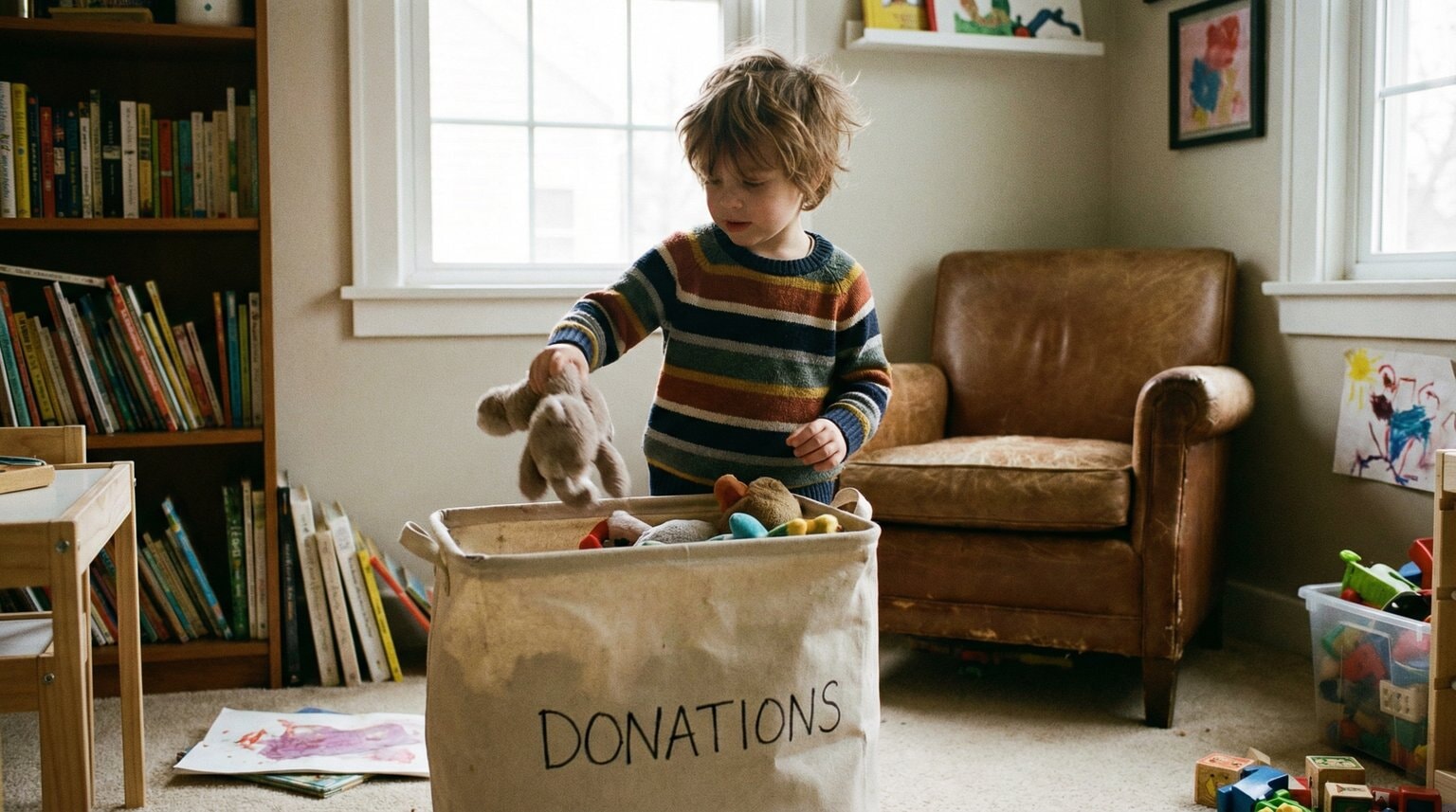 Cozy corner of child's room with labeled donation basket and young child dropping toy inside
