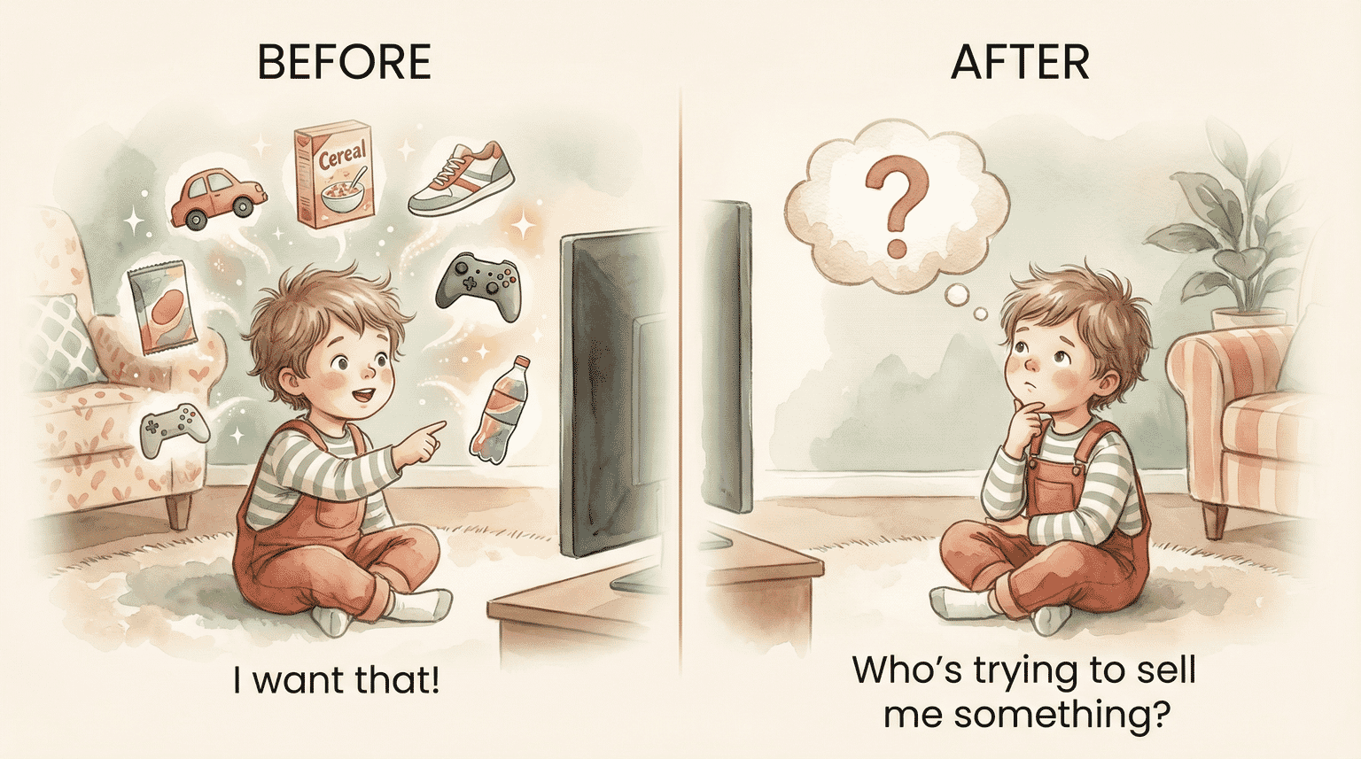 Two-panel illustration showing child going from wanting everything to questioning who is trying to sell them something