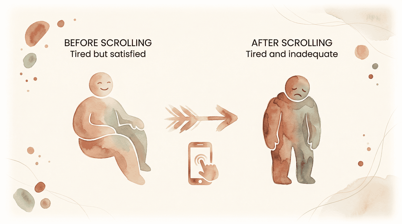 Illustration showing mood shift from tired but satisfied before scrolling to tired and inadequate after