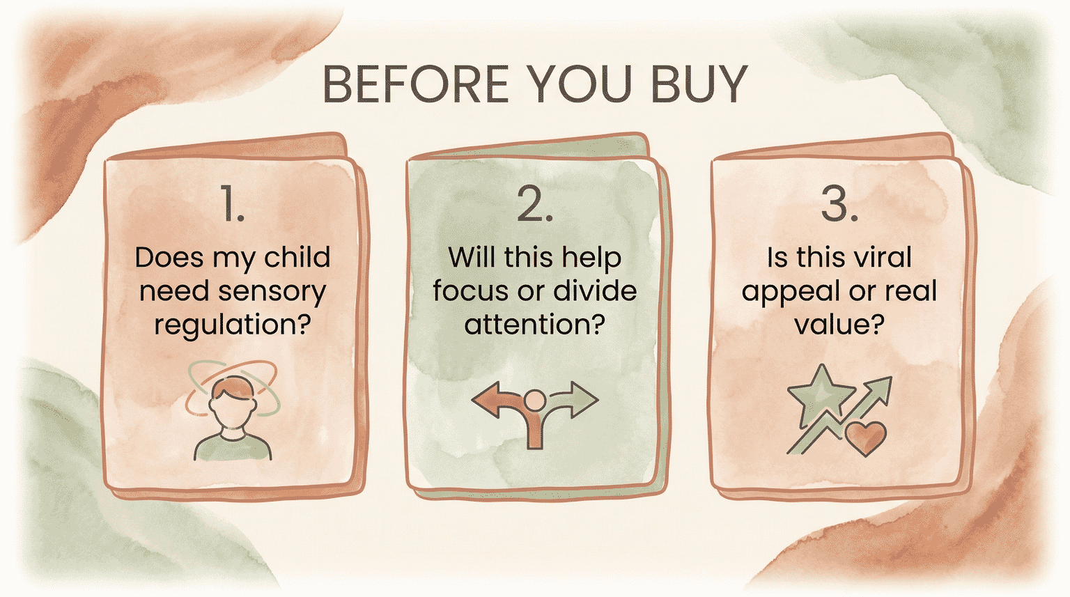 Three-step guide asking if child needs sensory regulation, if toy helps or divides attention, and if purchase is viral appeal or real value