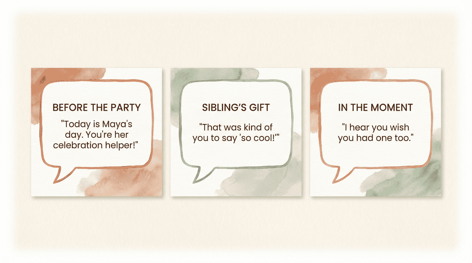 Three script cards showing what to say before a party, during sibling gift opening, and in jealous moments