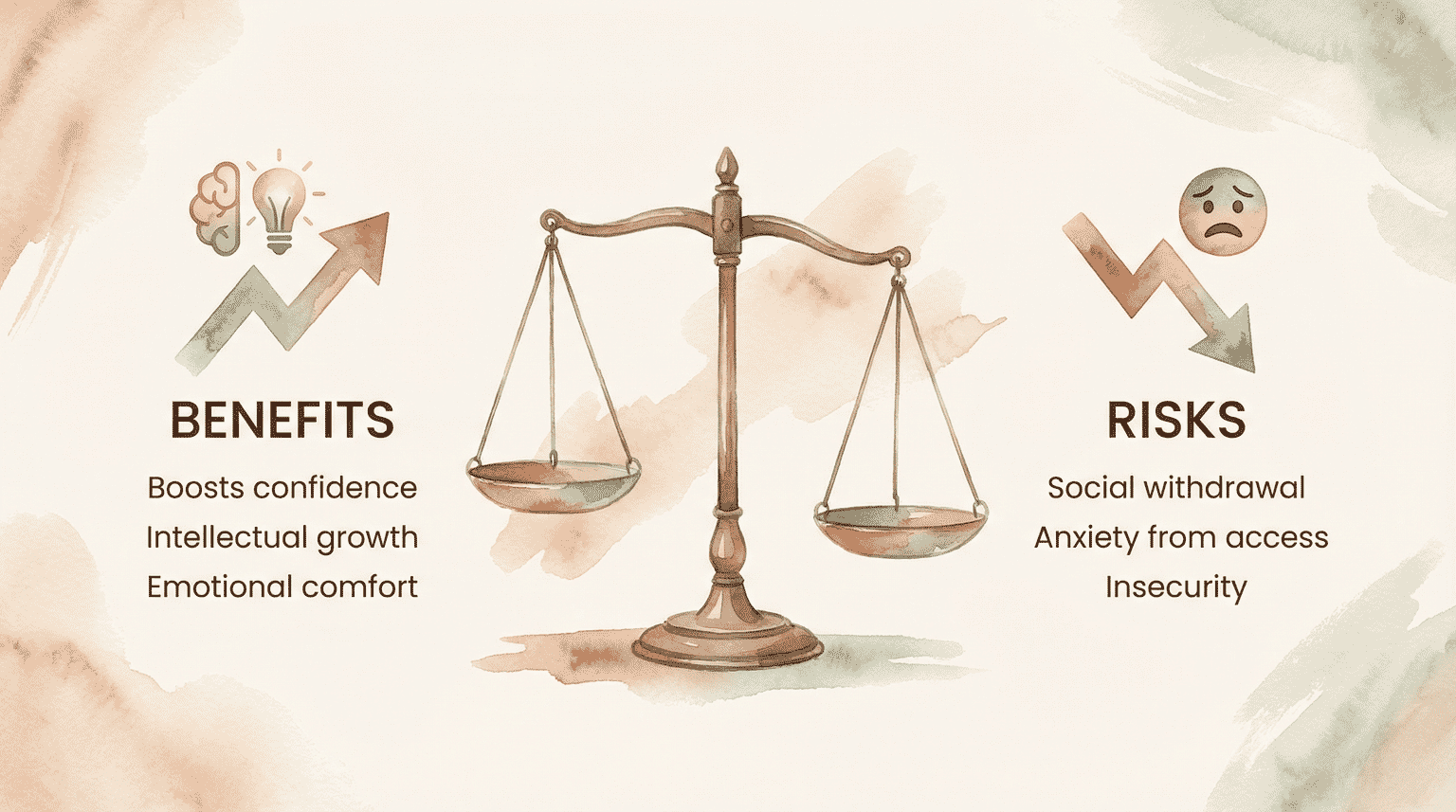 Balance scale showing parasocial relationship benefits like confidence versus risks like anxiety