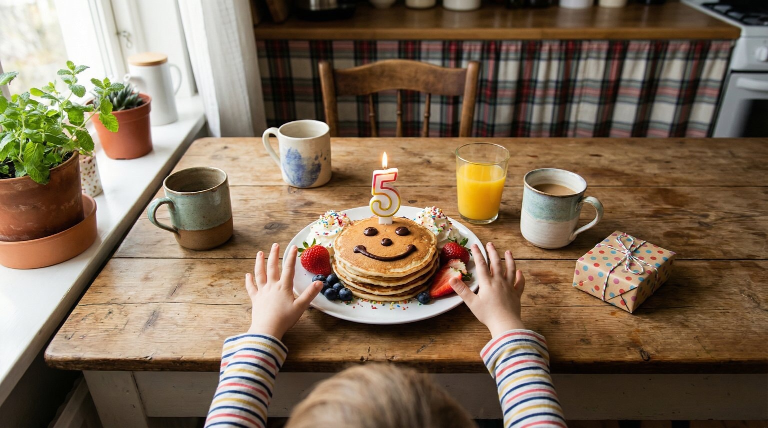 Overhead view of birthday pancakes with chocolate chip smiley face surrounded by sprinkles and berries