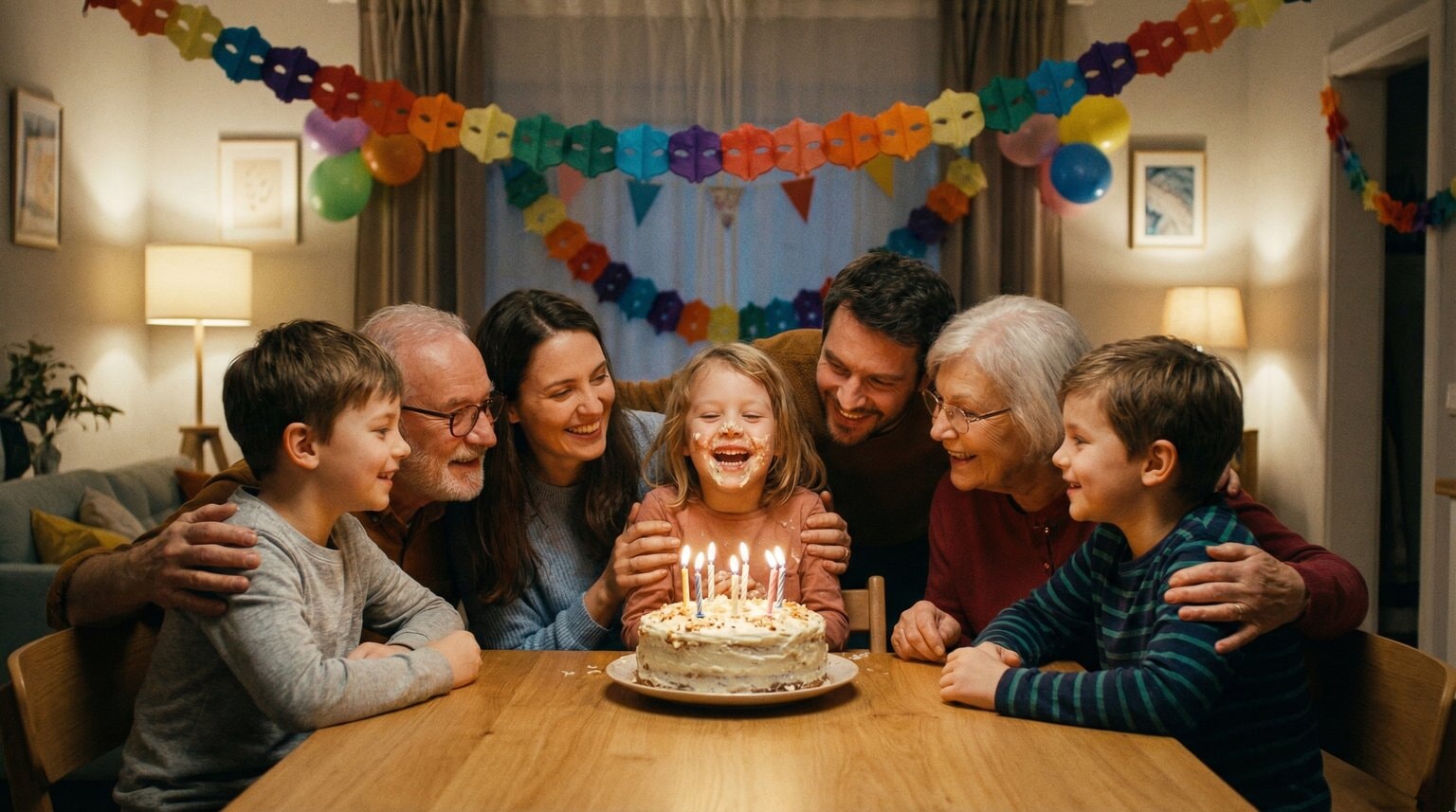 Happy child at birthday party table with cake and candles surrounded by smiling family members in warm candlelight