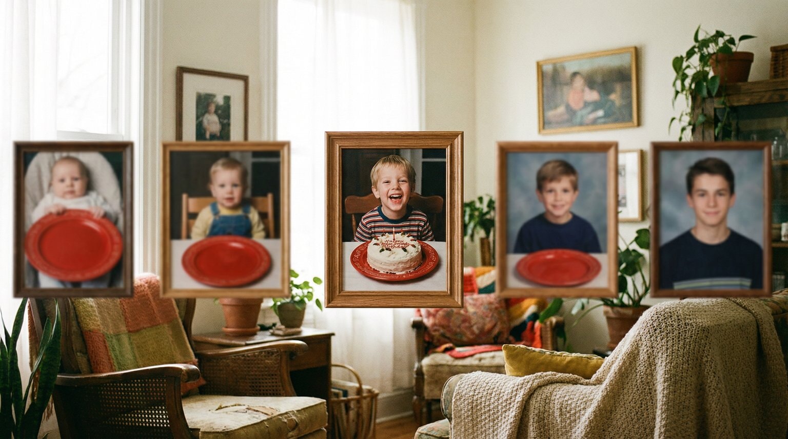 Wall display of framed birthday photos showing the same child at different ages all featuring the same red plate