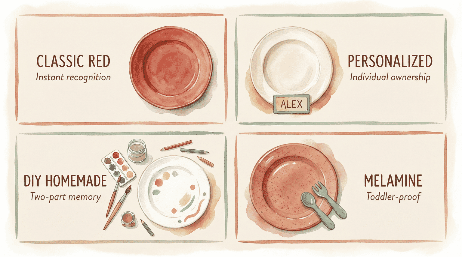 Comparison chart showing four birthday plate options: classic red, personalized, DIY homemade, and melamine