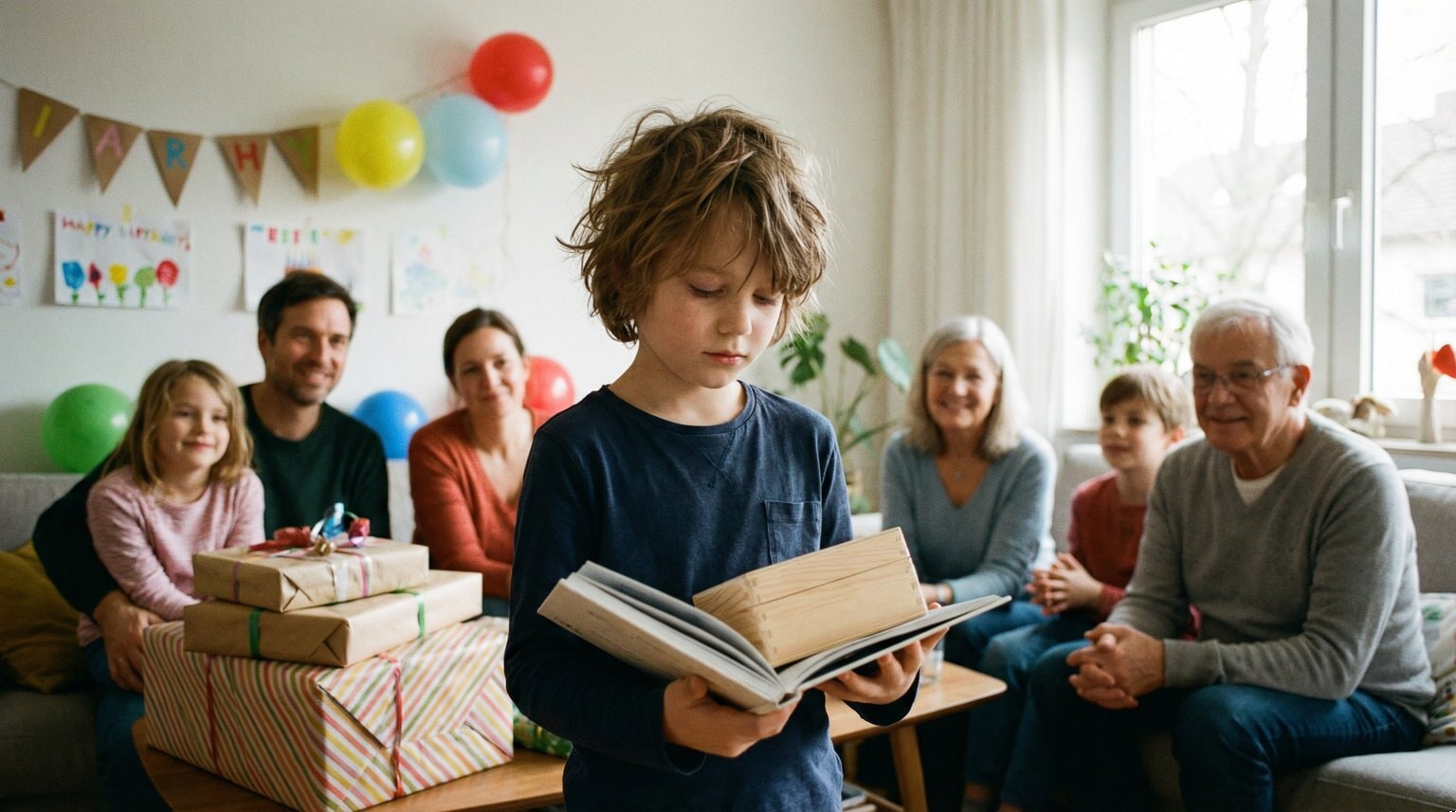 Child at birthday party pausing to look thoughtfully at one unwrapped gift while family watches