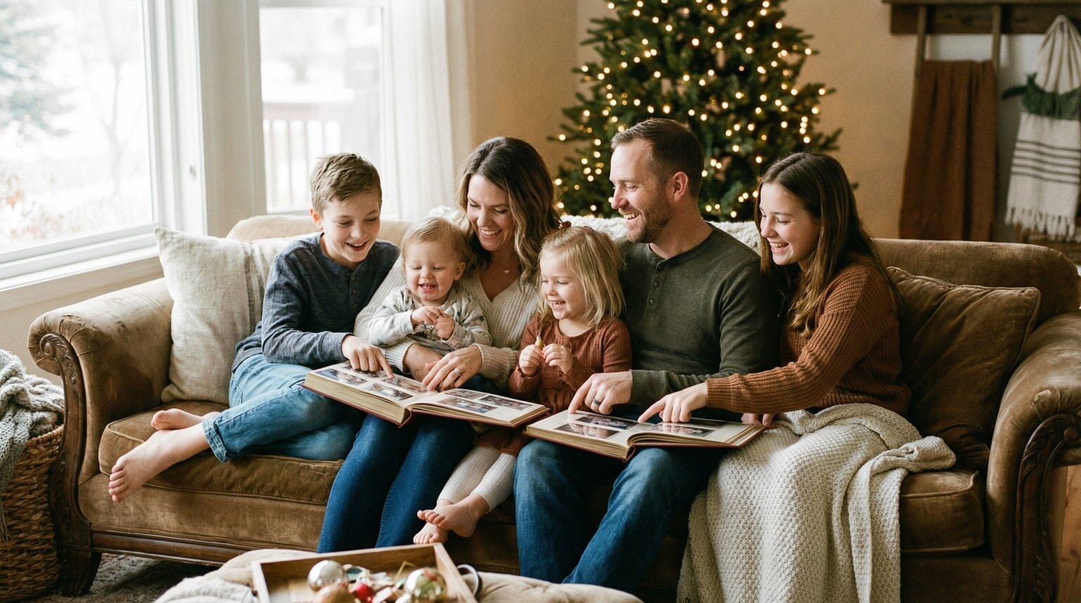 Blended family with children of varying ages looking at old photo albums together on couch during holidays