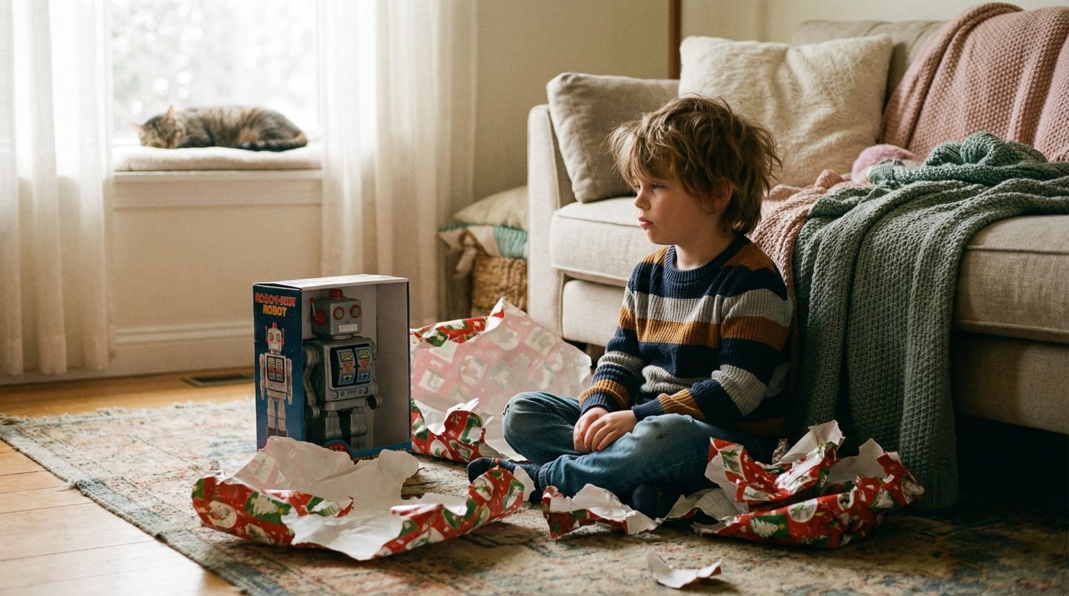 Young child sitting among torn wrapping paper looking disinterested at opened toy