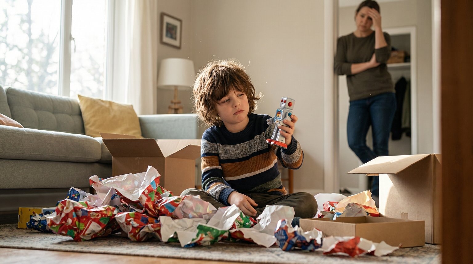 Seven-year-old sitting among torn wrapping paper looking unimpressed while holding unopened toy