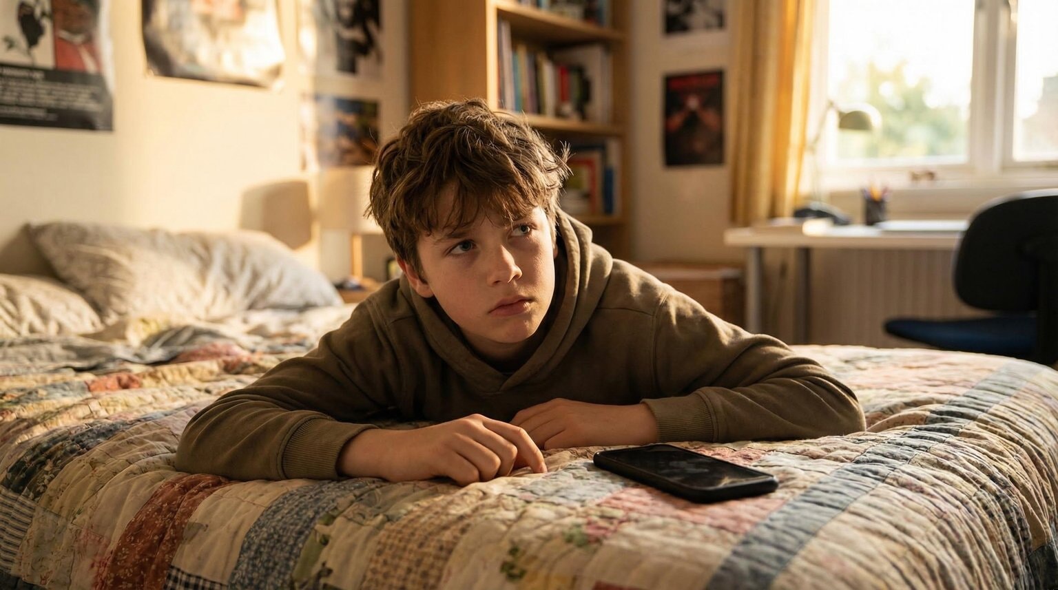 Preteen boy lying on bed looking restless and irritable with phone face-down beside him