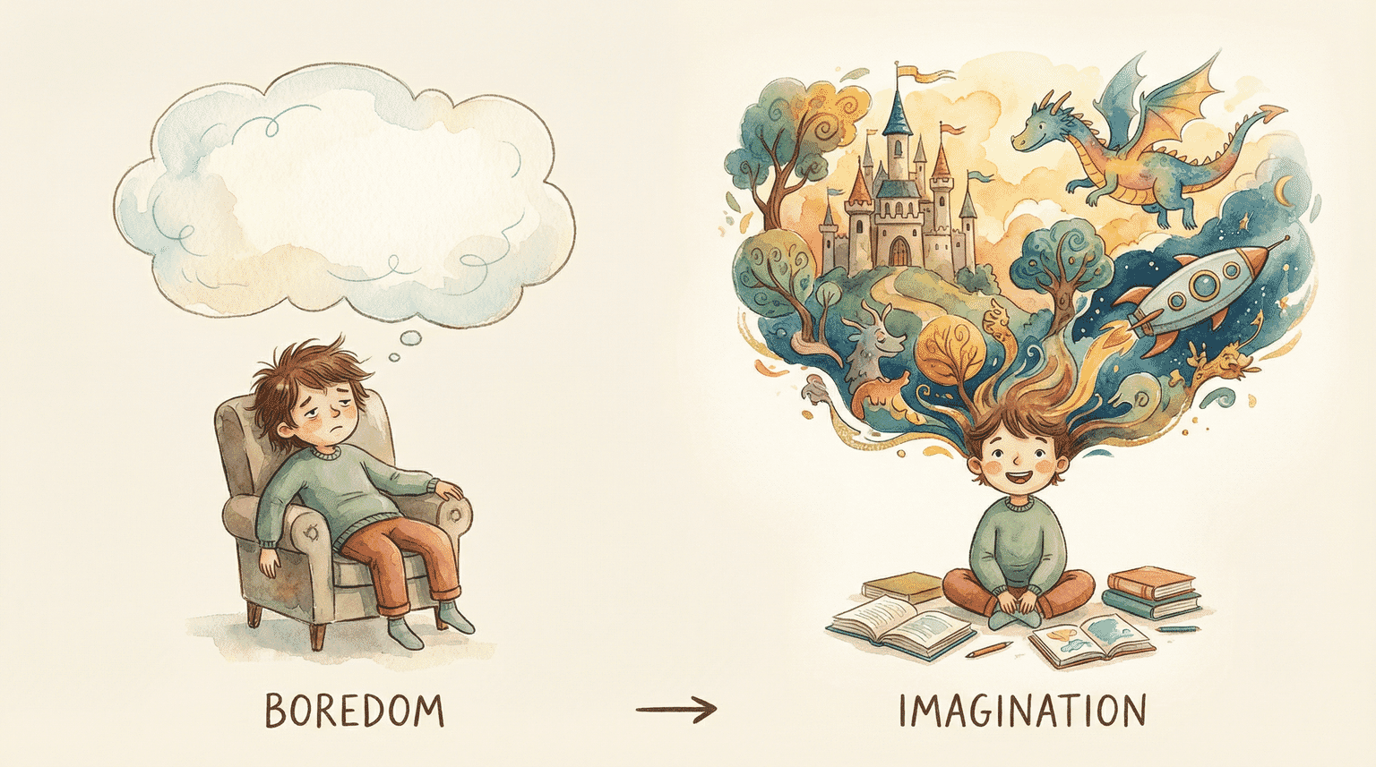 Illustration showing transformation from bored child with empty thought bubble to engaged child with elaborate imaginative scene