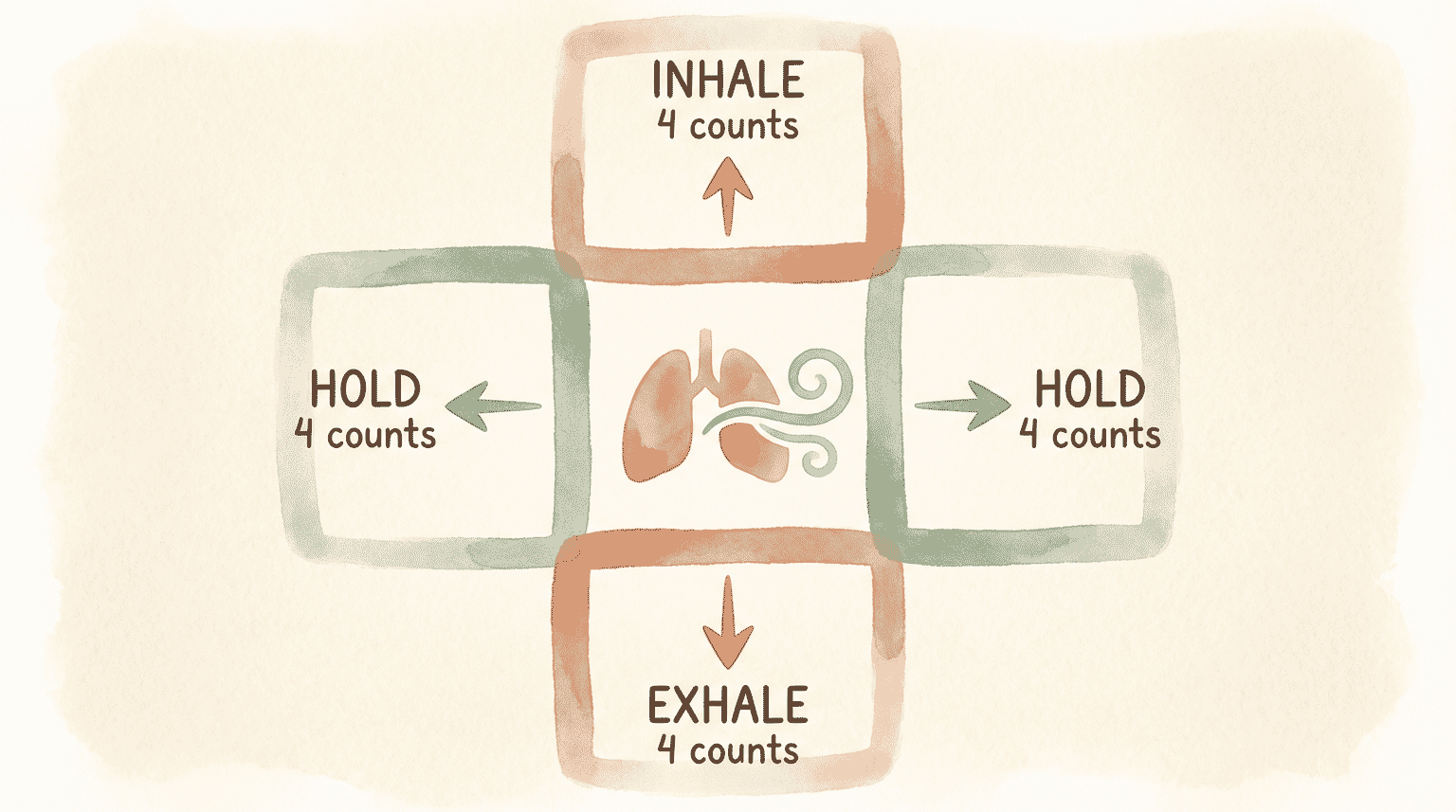 Box breathing technique illustrated as four connected squares showing inhale hold exhale hold each for 4 counts