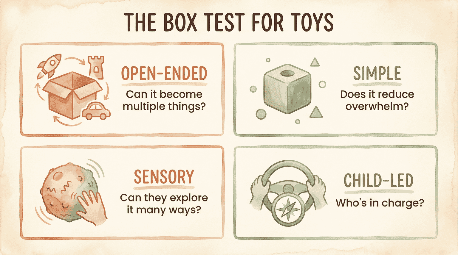 Four-question checklist for evaluating toys including open-ended, simple, sensory, and child-led criteria