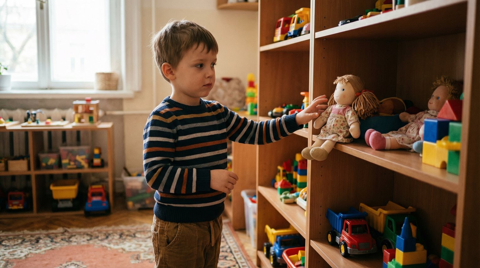 Young boy hesitantly reaching toward doll on toy shelf in home playroom