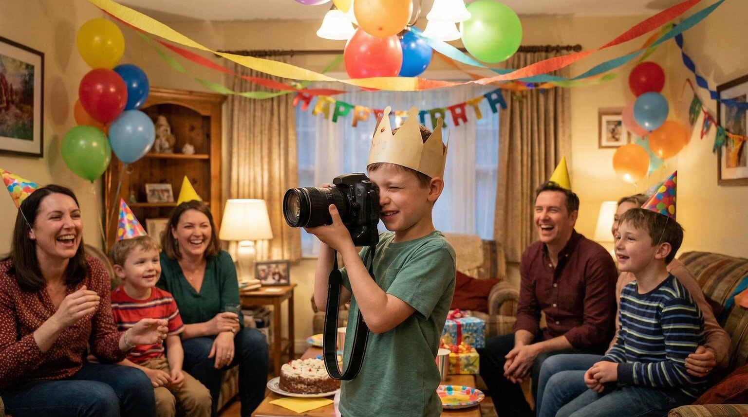 Proud 5-year-old boy holding real camera taking photos at birthday party with colorful balloons in background