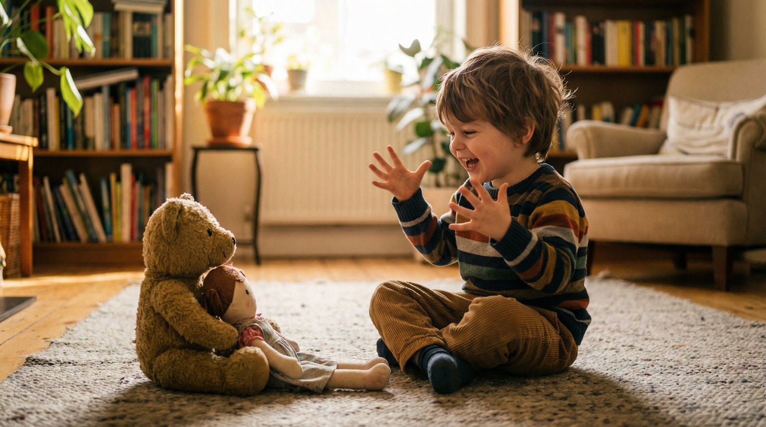 Preschool boy having animated conversation with stuffed animal and doll on living room rug