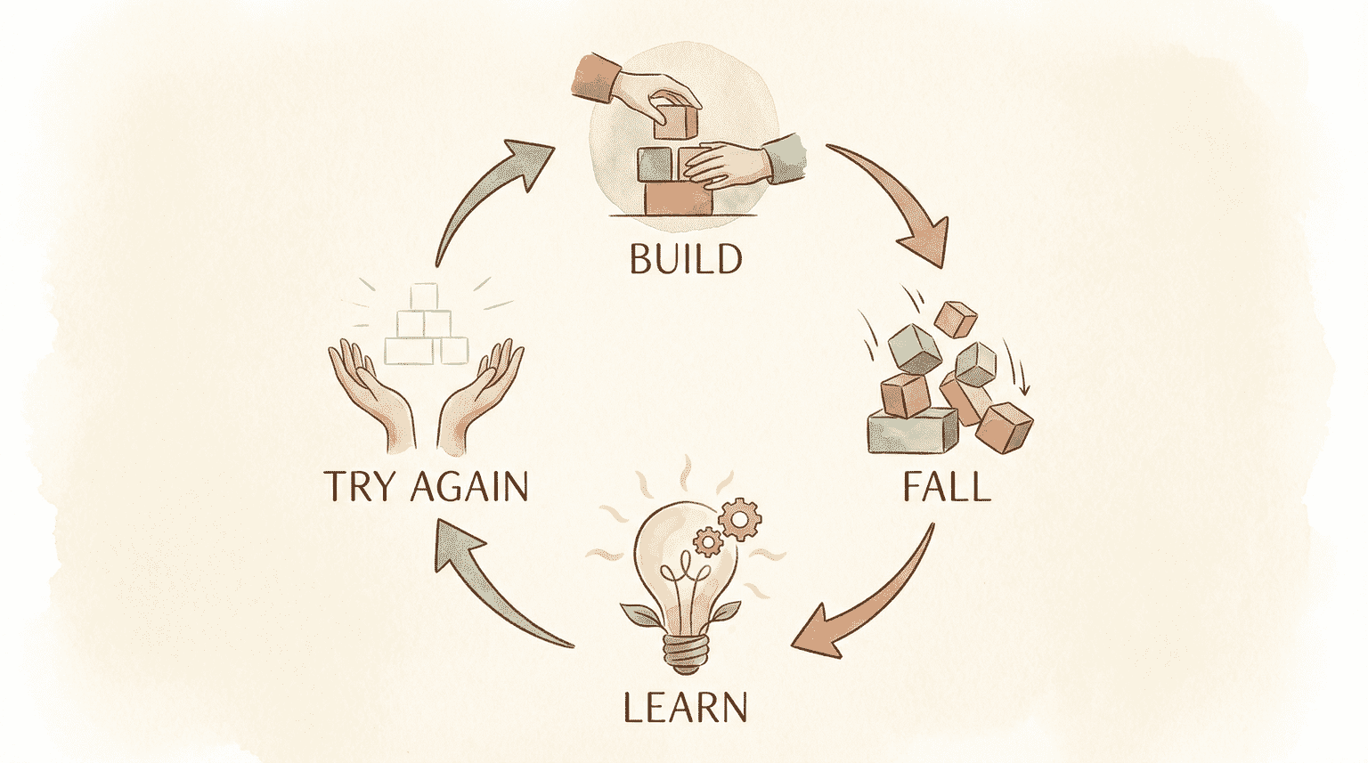 Circular diagram showing build, fall, learn, try again cycle of construction play