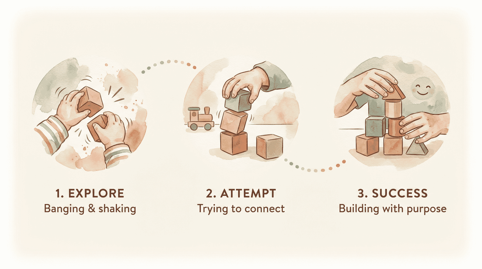 Diagram showing three developmental stages of building: explore, attempt, and success