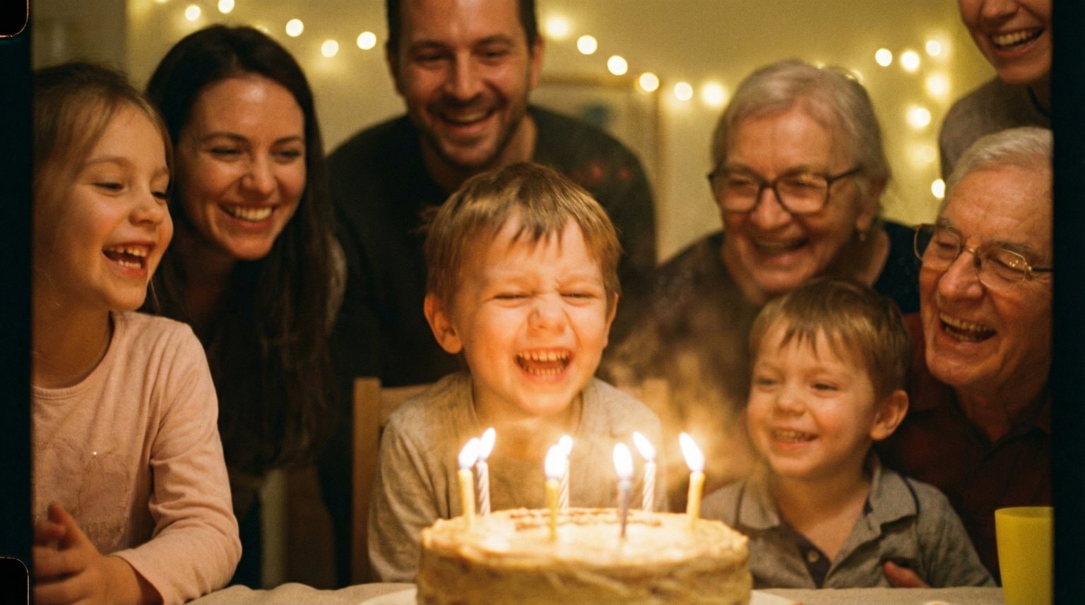 Child laughing joyfully while blowing out birthday candles surrounded by happy family members