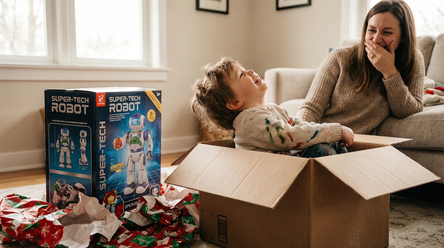 Young child sitting inside cardboard box with pure joy while expensive toy sits ignored nearby