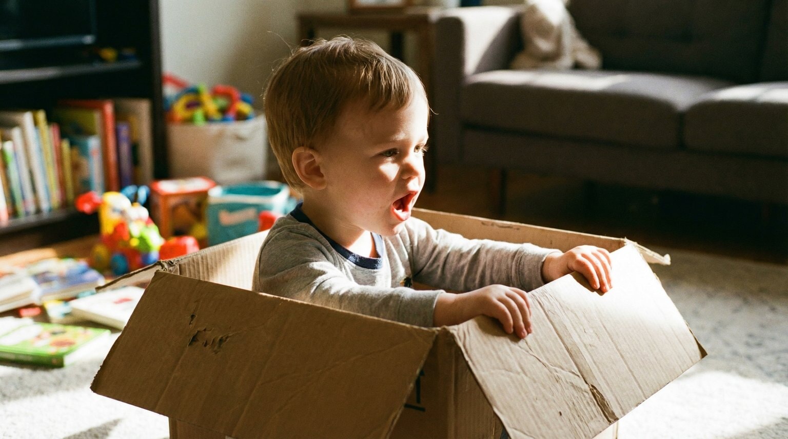 Young toddler using cardboard box as pretend car with hands on sides like steering wheel