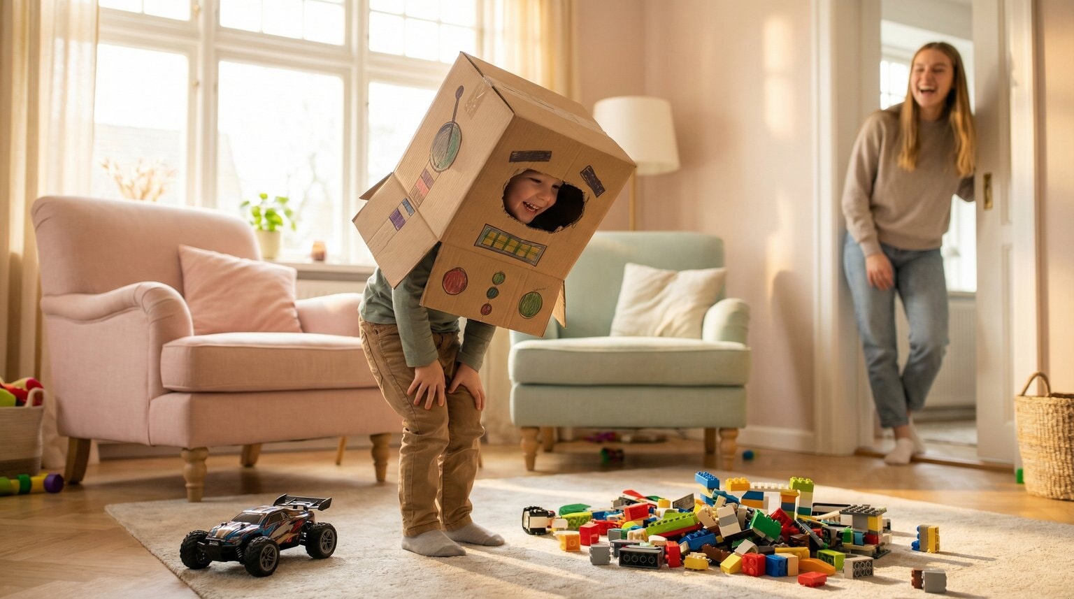 Young child wearing cardboard box as robot costume while laughing and expensive toy sits ignored nearby