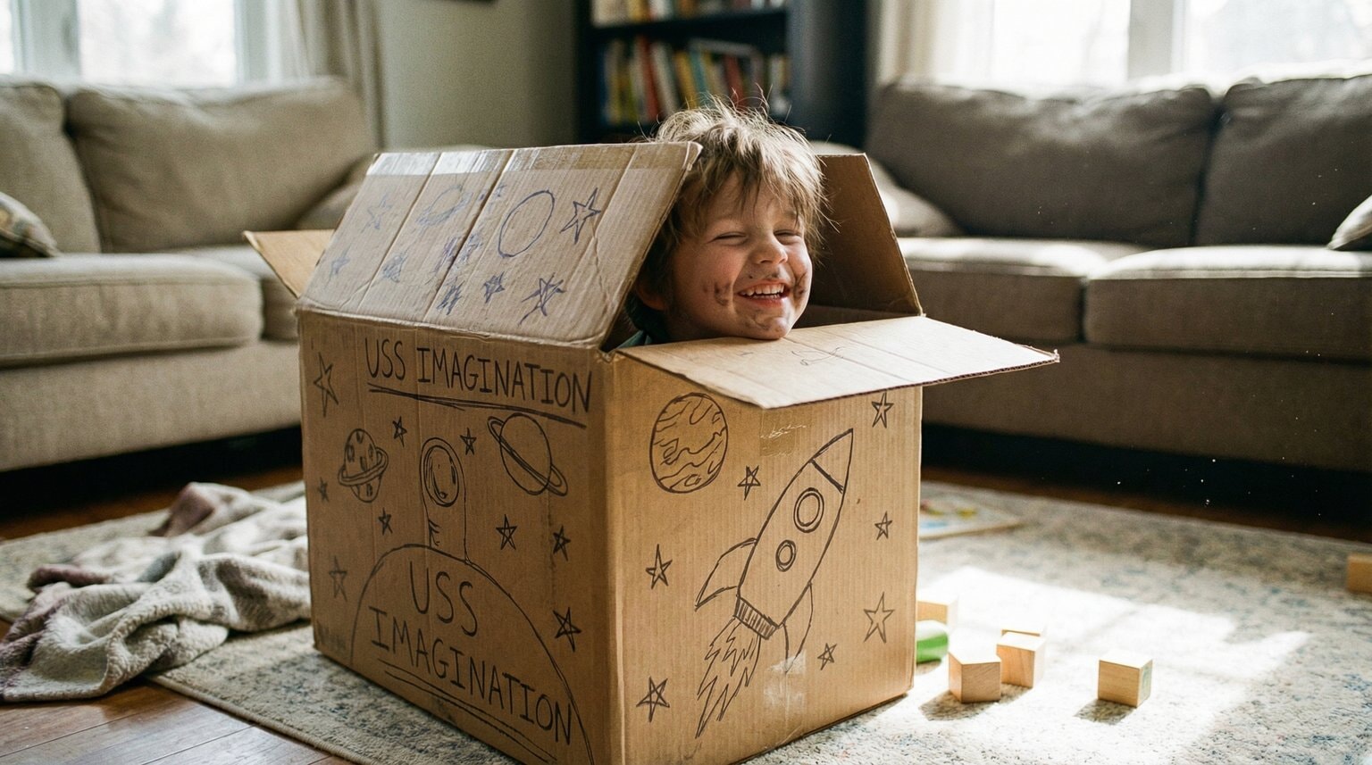 Child playing inside cardboard box transformed into spaceship with marker drawings