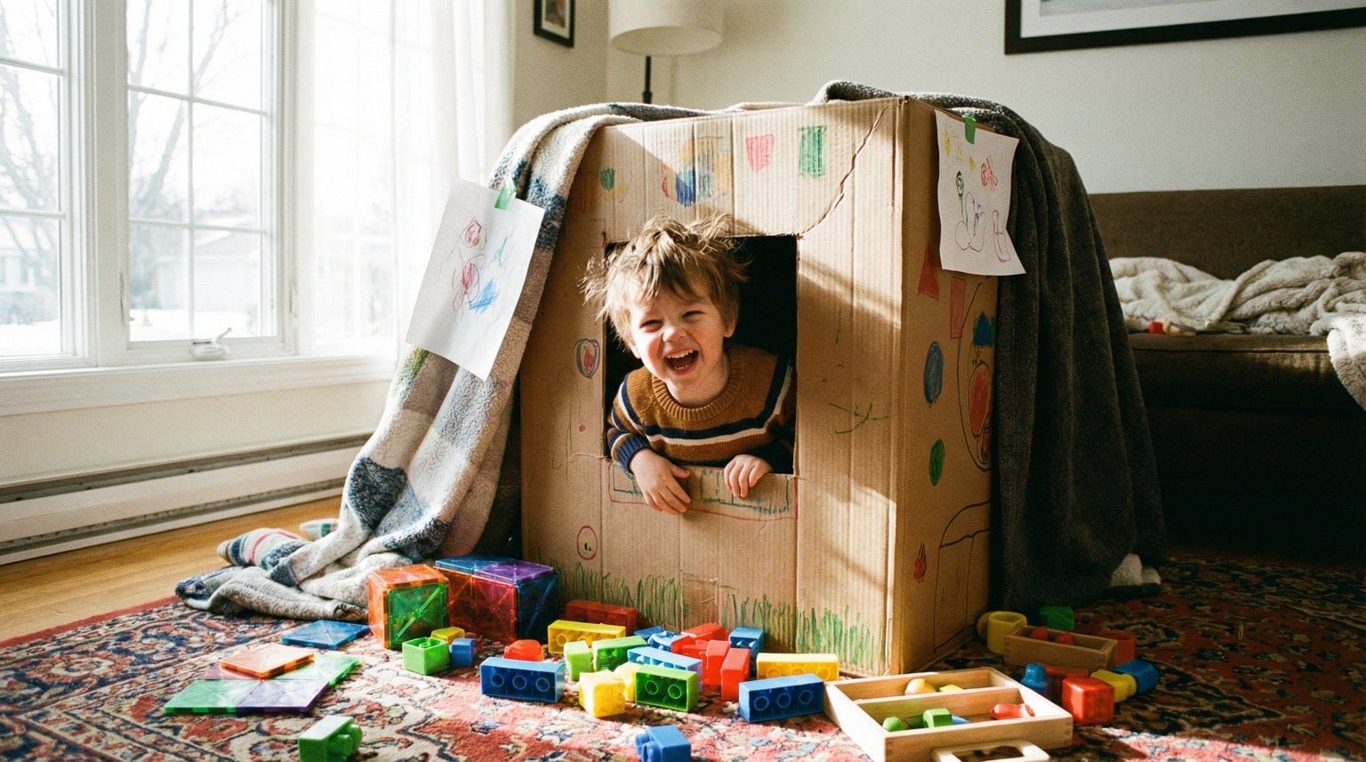 Young child peeking out from cardboard box fort laughing with building toys scattered around