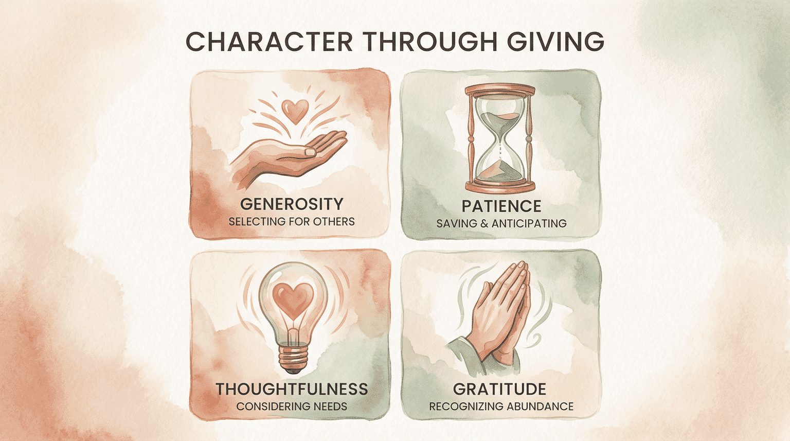 Four character traits developed through gift-giving generosity patience thoughtfulness gratitude
