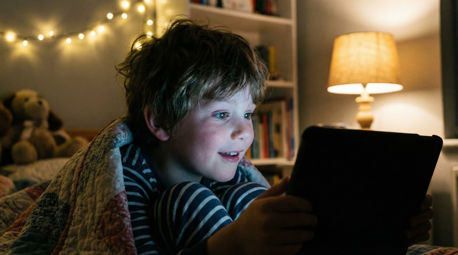 Young child watching tablet with complete absorption, screen glow illuminating face in cozy bedroom