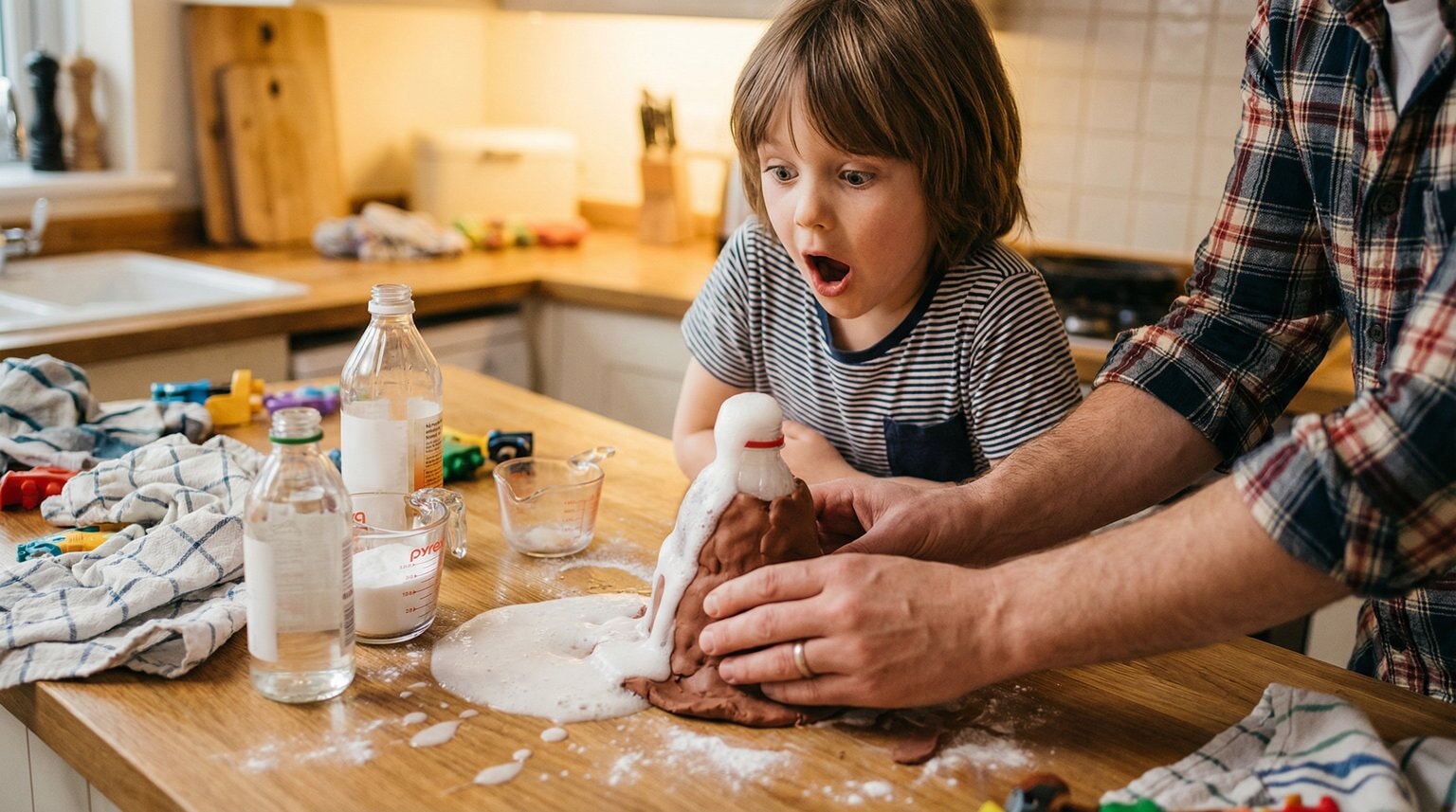 Young child with wide eyes watching baking soda volcano erupt on kitchen counter