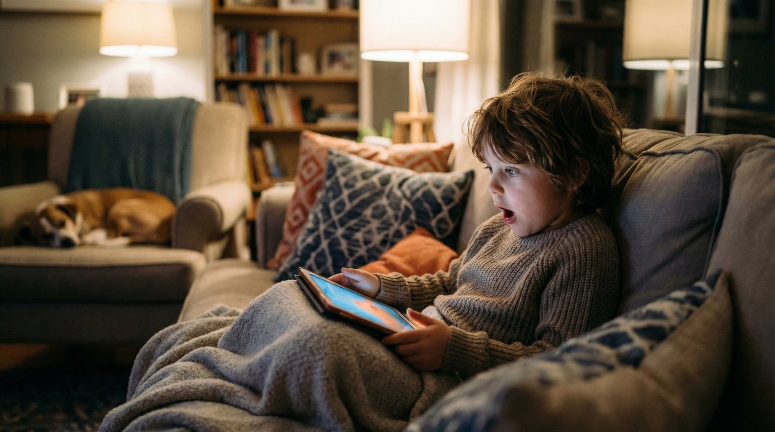 Young child with wide eyes watching tablet screen in cozy living room, face illuminated by screen glow