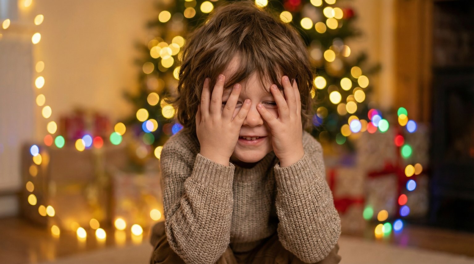 Young child with eyes squeezed shut and hands covering face in playful excited anticipation with bokeh lights