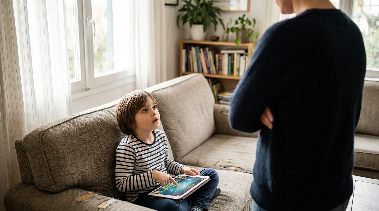 Child holding tablet and looking up at parent with pleading eyes while pointing at screen in cozy living room