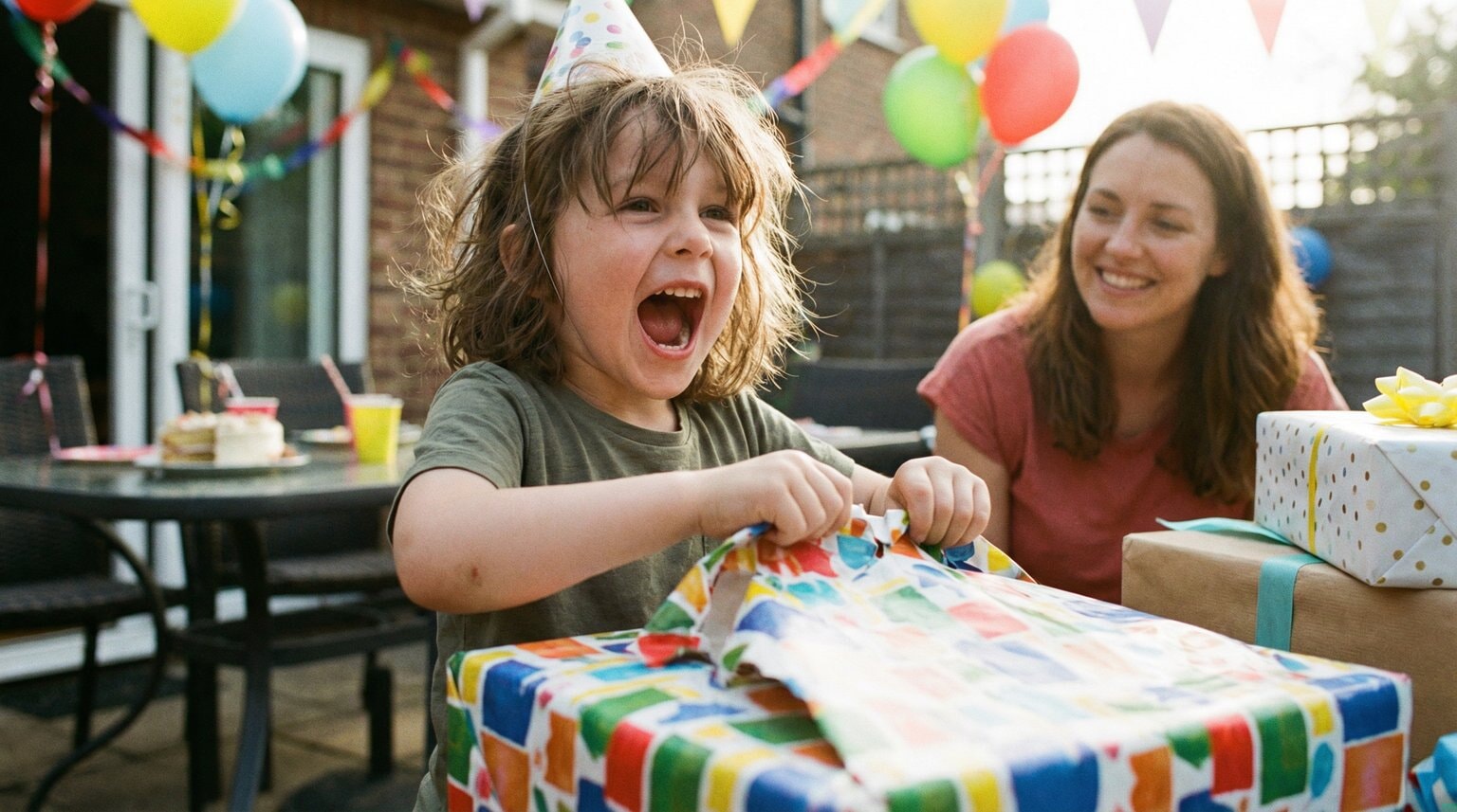 Five year old child at birthday party opening wrapped gift with genuine excitement while parent watches warmly