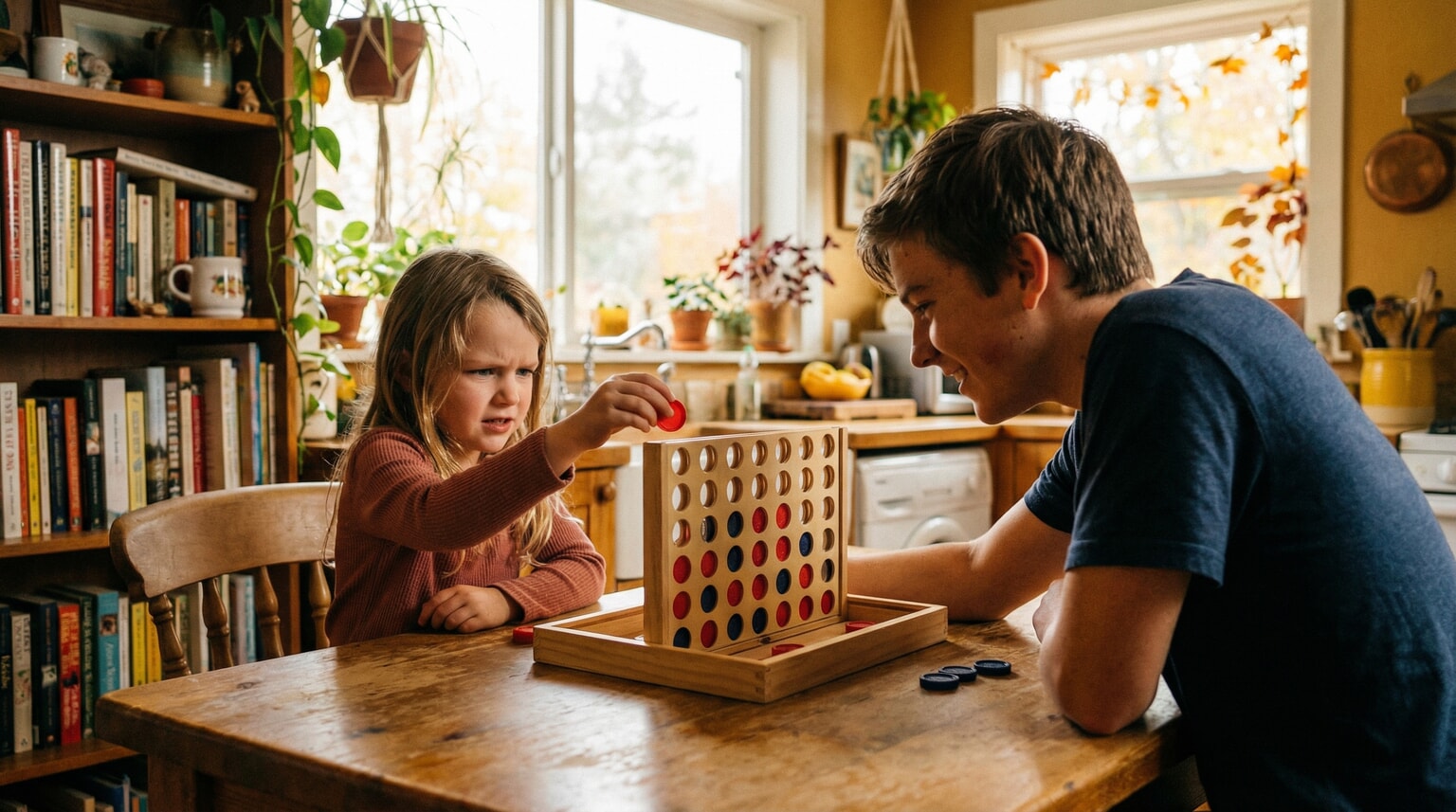 Six year old focused intently on playing checkers with parent at kitchen table
