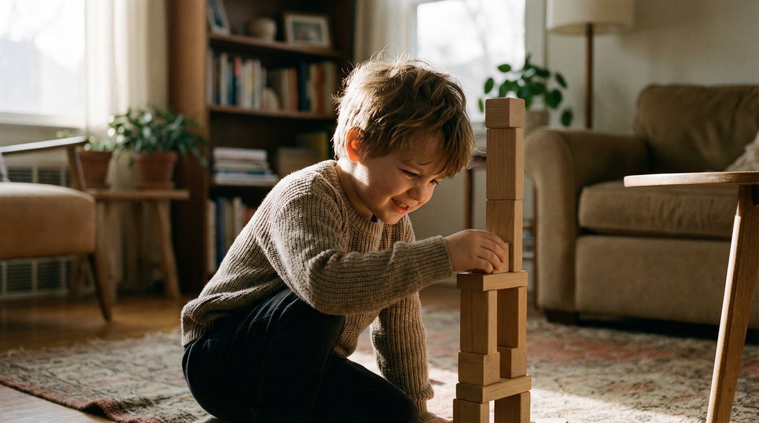 Preschooler deeply absorbed in building tall wooden block tower on living room floor