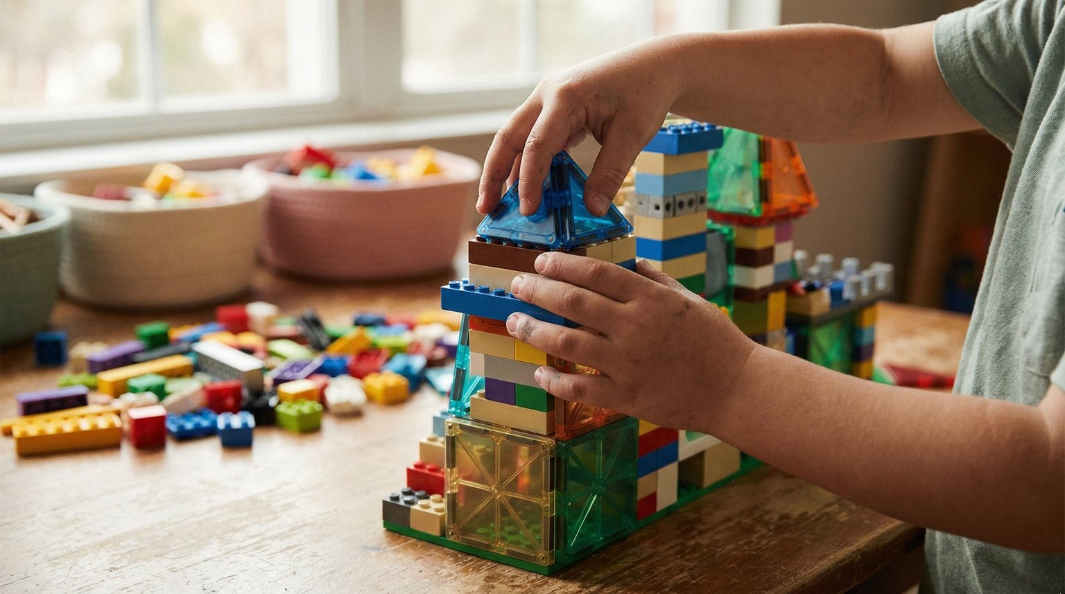 Child's hands building elaborate LEGO creation on wooden table
