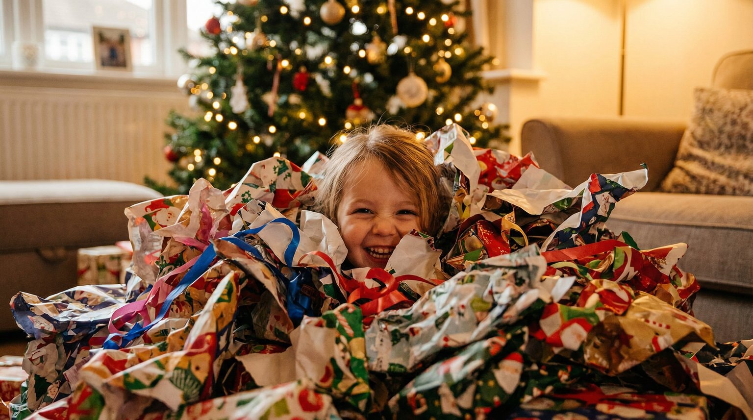 Laughing young child peeking out from under pile of colorful wrapping paper with Christmas tree lights sparkling in background