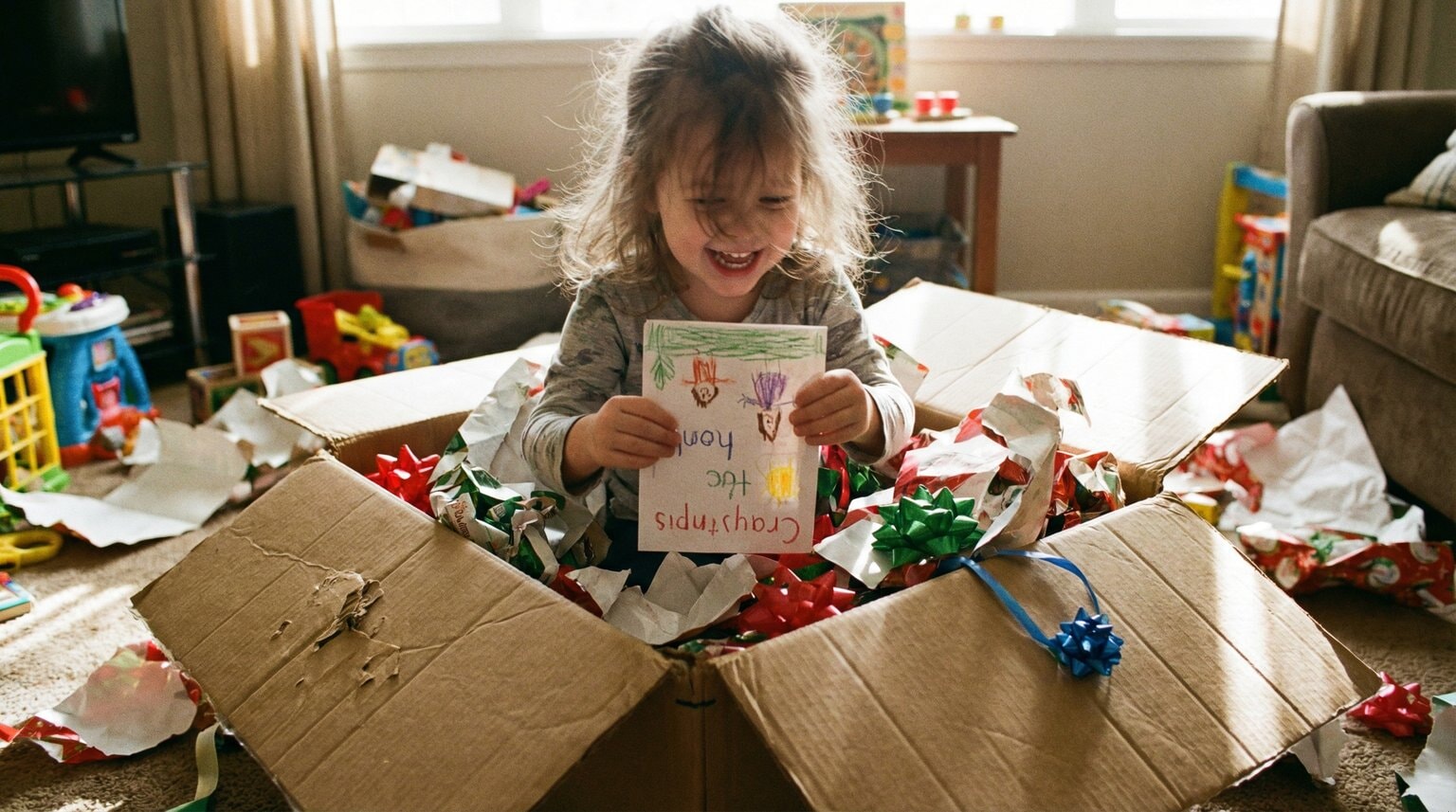 Young child around age 4 giggling inside cardboard box surrounded by wrapping paper holding handmade card upside down