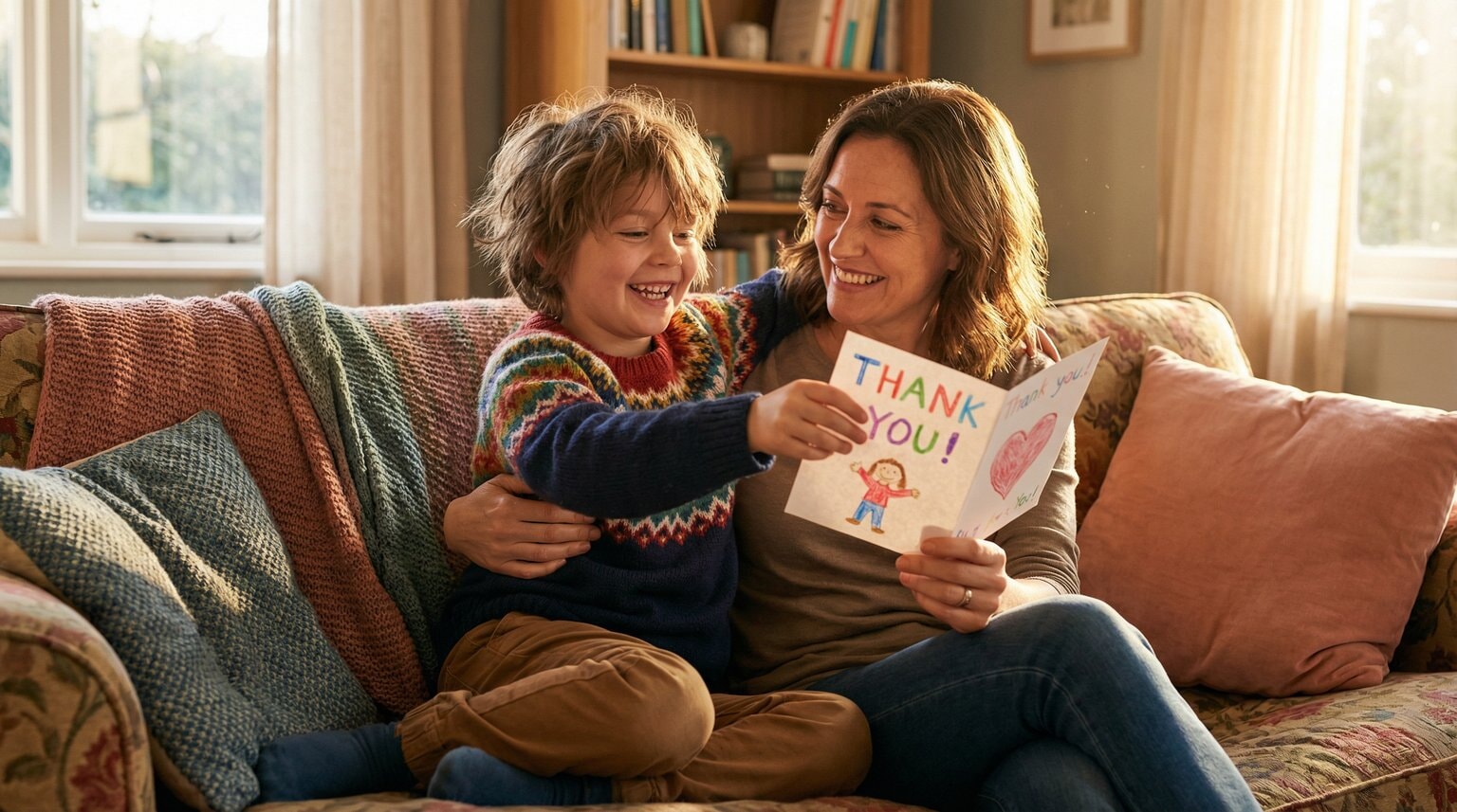 Joyful child excitedly showing thank-you letter from charity while sitting with proud parent