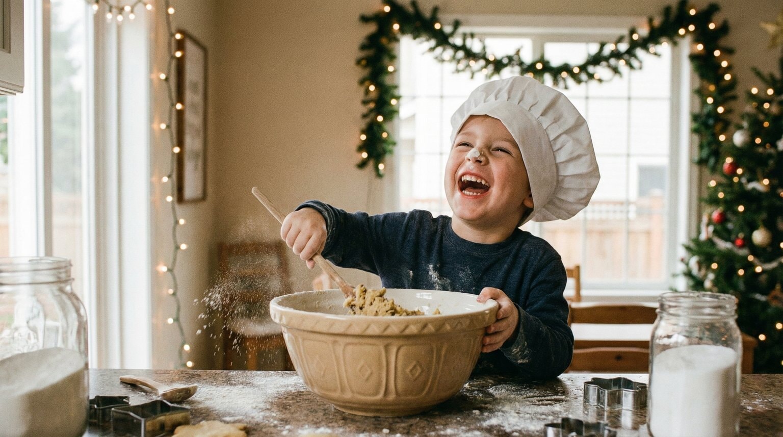 Young child wearing oversized chef hat giggling while mixing cookie dough with flour on nose