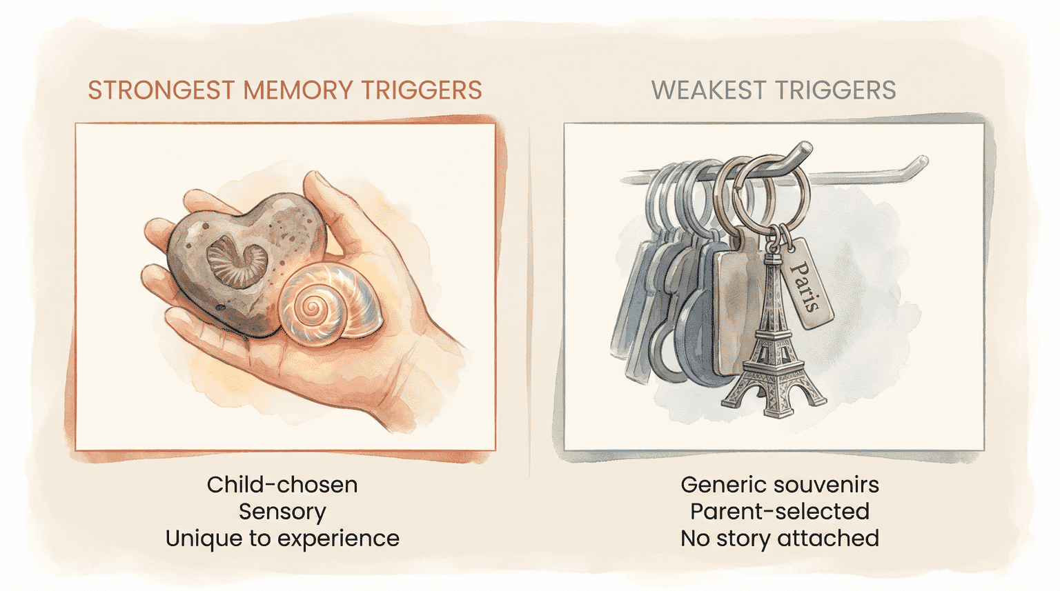 Comparison of strongest memory triggers like child-chosen sensory items versus weakest triggers like generic souvenirs