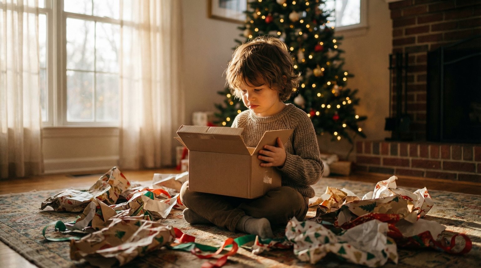 Young child sitting among torn wrapping paper on Christmas morning holding opened gift with uncertain expression