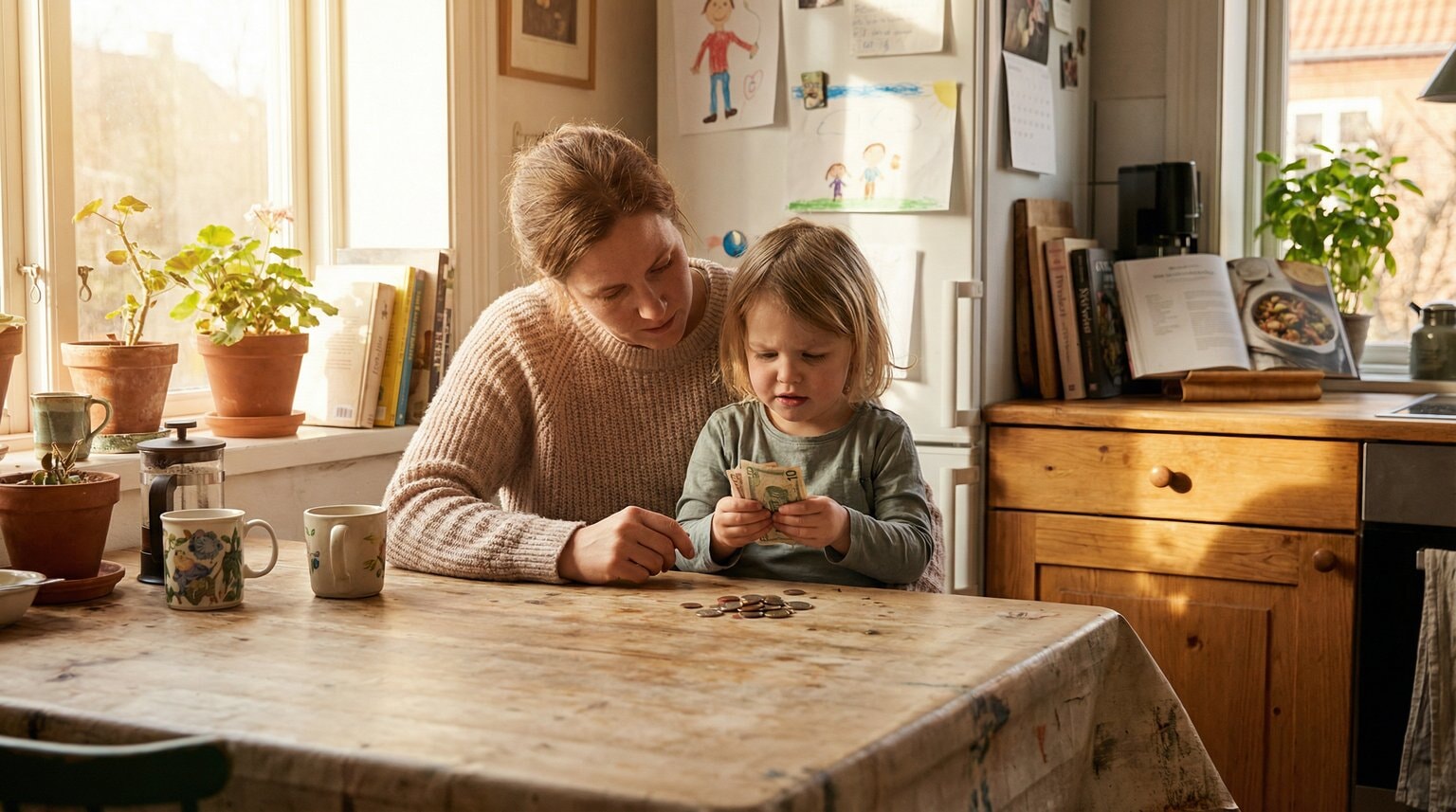 Parent and child at kitchen table, child thoughtfully holding cash while deciding about donation